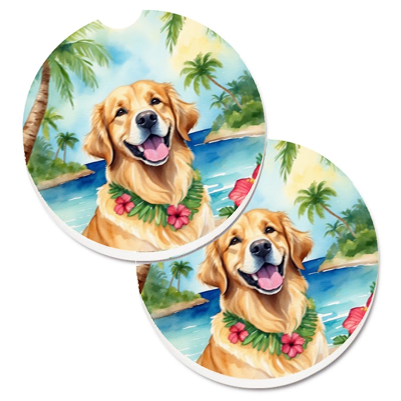 Golden Retriever Luau Car Coasters  Set of 2 - Absorbent Stone with Fun & Functional Artwork