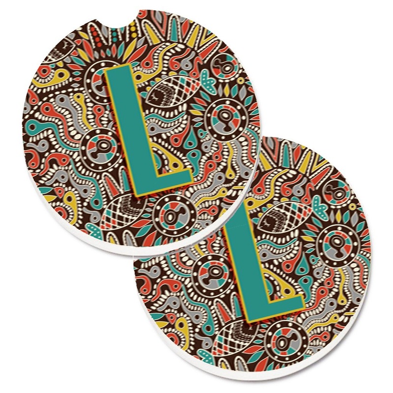 Letter L Retro Tribal Alphabet Initial Car Coasters  Set of 2 - Absorbent Stone with Fun & Functional Artwork CJ2013-LCARC