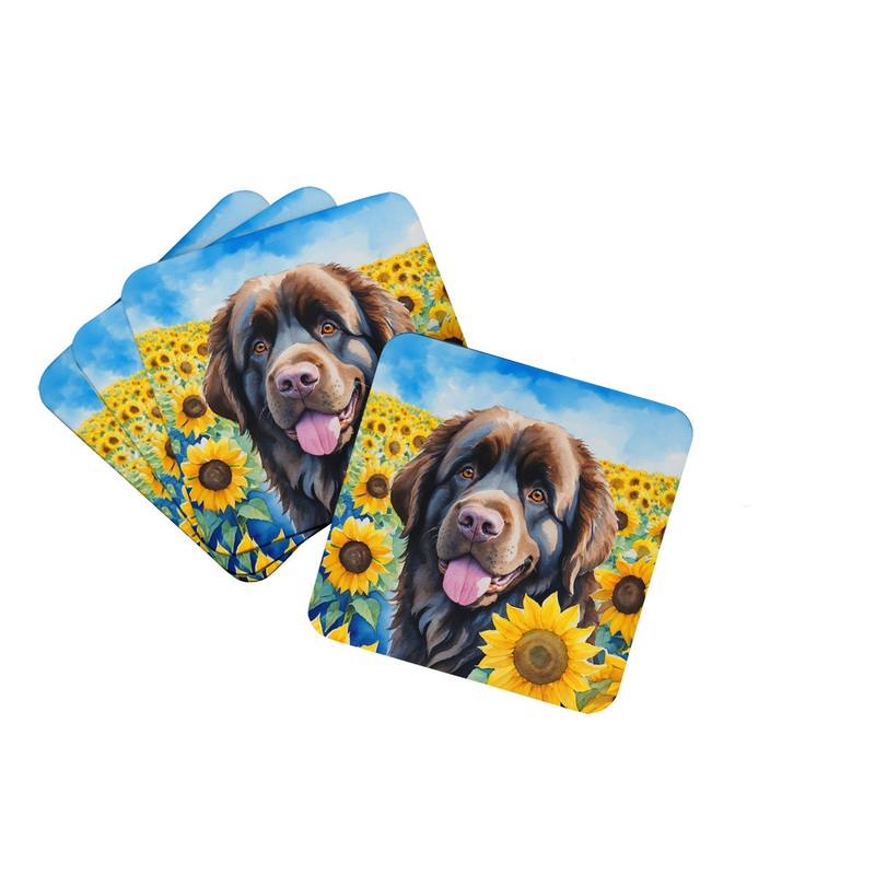 Newfoundland in Sunflowers Coasters - Set of 4 Lightweight Foam, Absorbent Drink Coasters