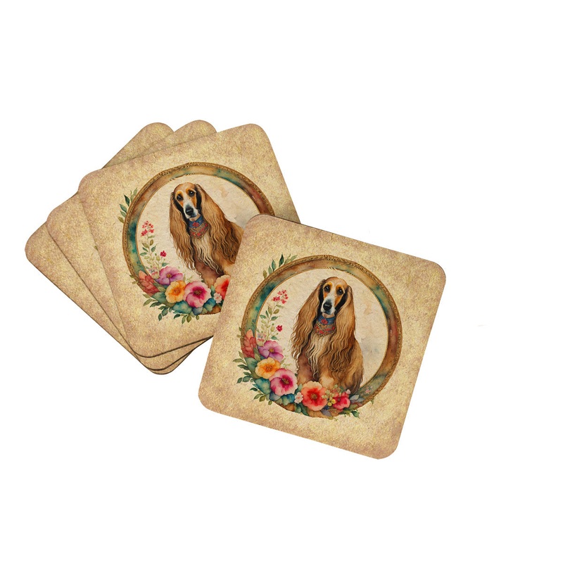 Afghan Hound and Flowers Coasters - Set of 4 Lightweight Foam, Absorbent Drink Coasters