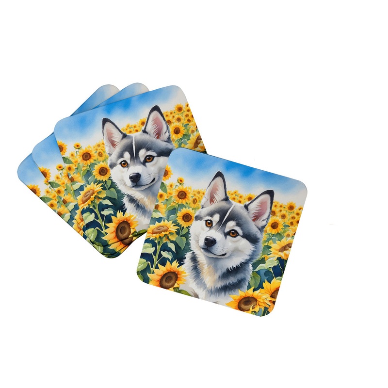 Alaskan Klee Kai in Sunflowers Coasters - Set of 4 Lightweight Foam, Absorbent Drink Coasters