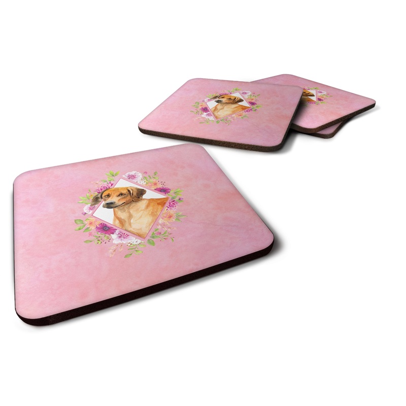Rhodesian Ridgeback Pink Flowers Coasters - Set of 4 Lightweight Foam, Absorbent Drink Coasters  CK4175FC
