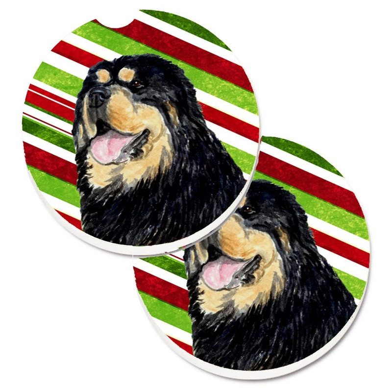 Tibetan Mastiff Candy Cane Holiday Christmas Car Coasters  Set of 2 - Absorbent Stone with Fun & Functional Artwork SS4581CARC
