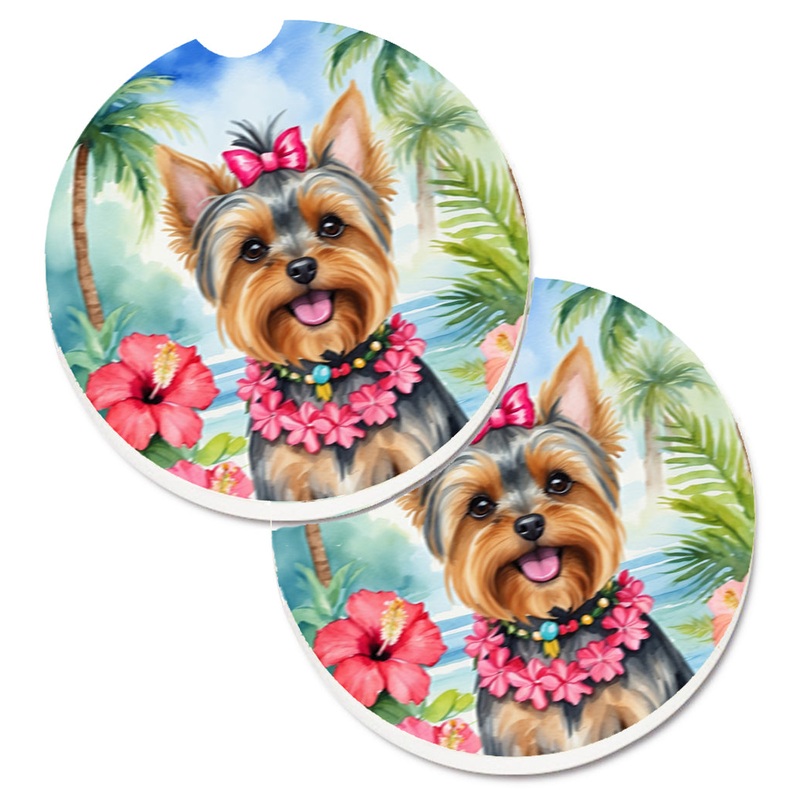 Yorkshire Terrier Luau Car Coasters  Set of 2 - Absorbent Stone with Fun & Functional Artwork