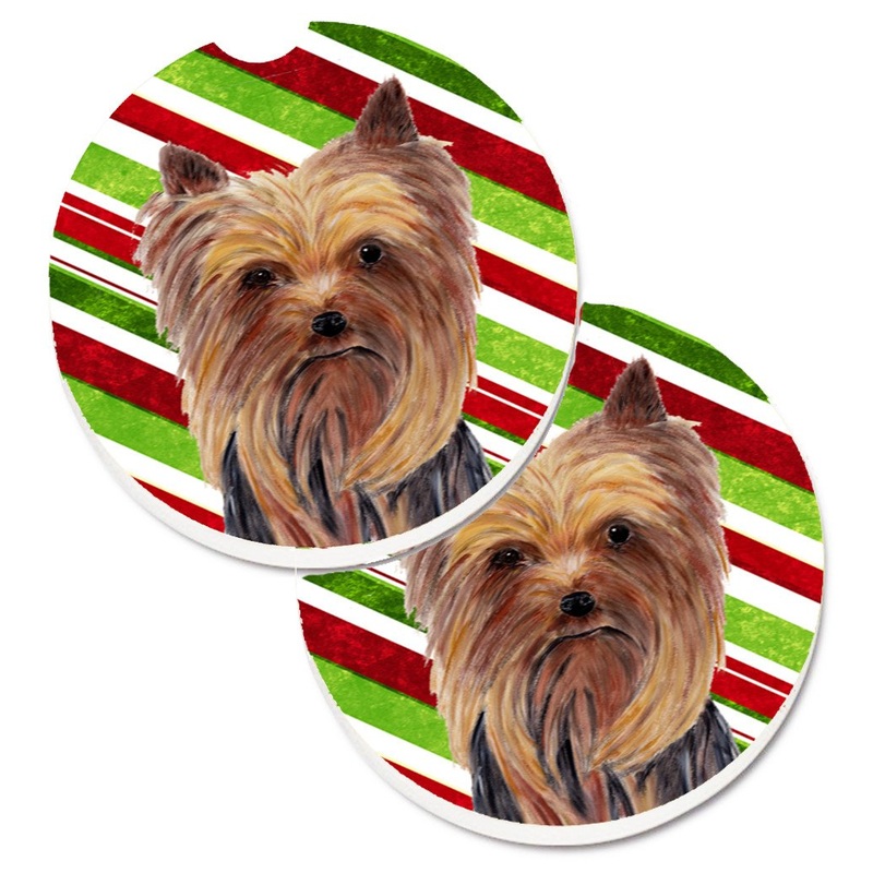 Yorkie Candy Cane Holiday Christmas Car Coasters  Set of 2 - Absorbent Stone with Fun & Functional Artwork SC9325CARC