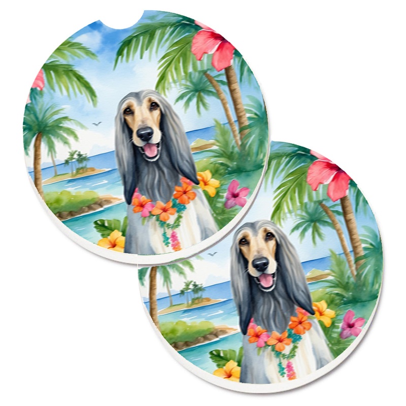 Afghan Hound Luau Car Coasters  Set of 2 - Absorbent Stone with Fun & Functional Artwork