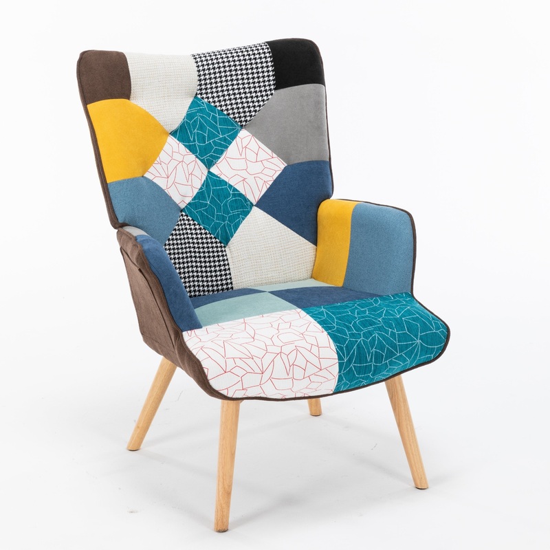 Modern Patchwork Accent Chair with Solid Wood Armrest and Feet, Mid-Century Modern Accent Sofa, Fabric Sofa Chair for Living Room Bedroom Studio, Comfy Side Armchair for Bed