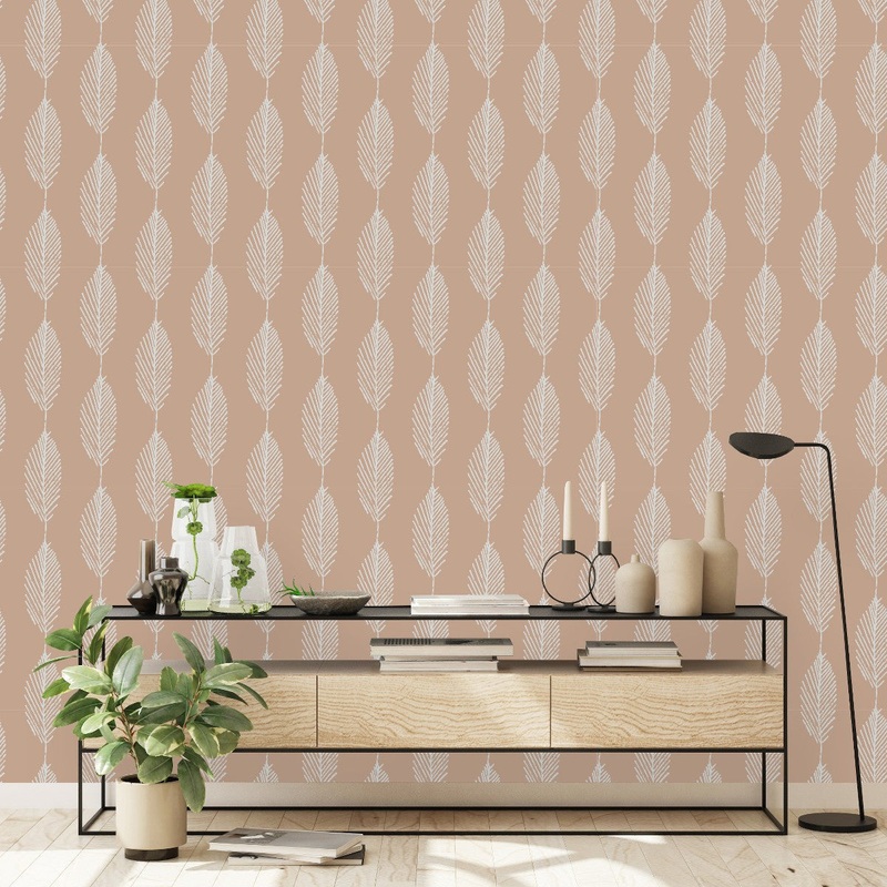 Beige Wallpaper with Leaves Contour