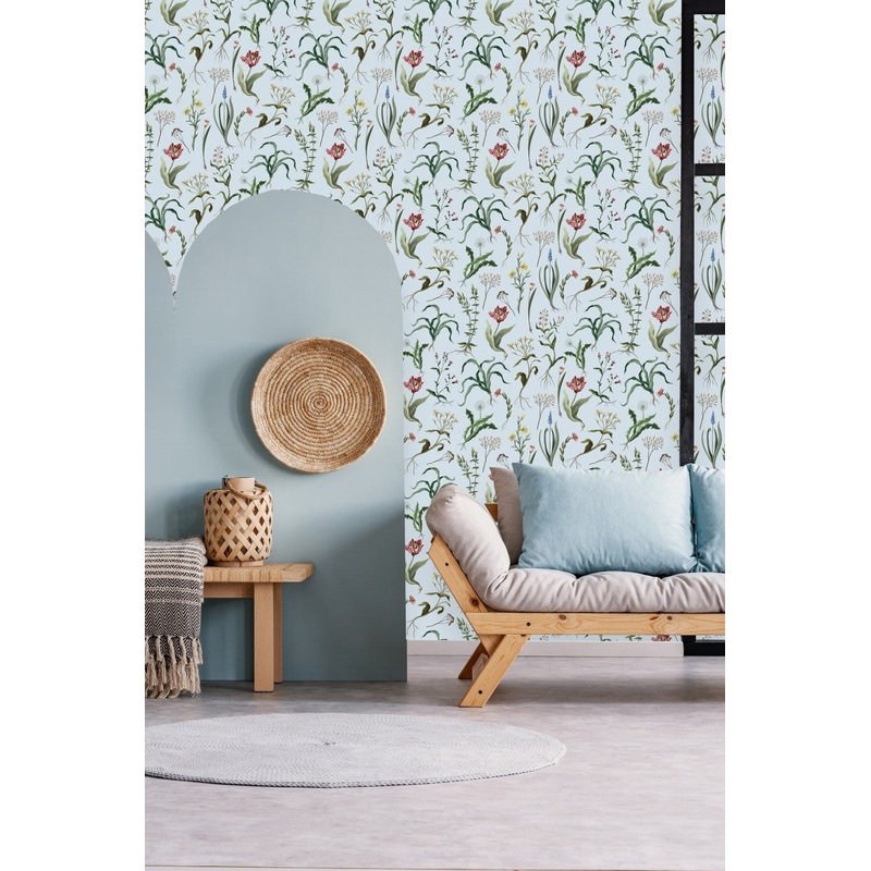 Botanical Flowers on Blue Background Wallpaper