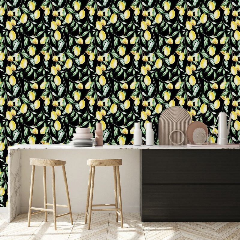 Contemporary Black Wallpaper with Lemons Tasteful