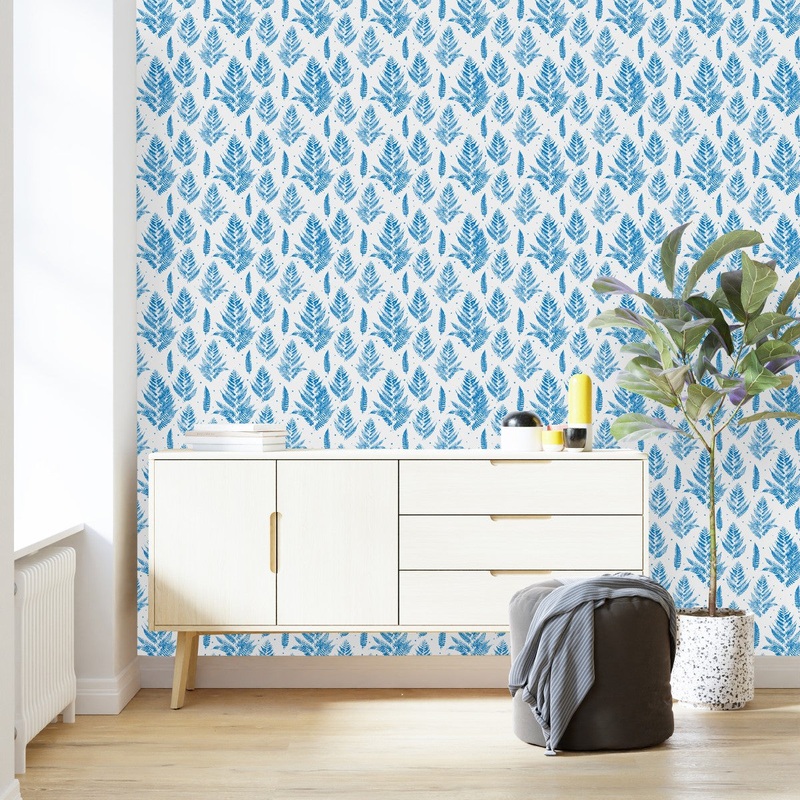 Contemporary Blue Fern Leaves Wallpaper Vogue