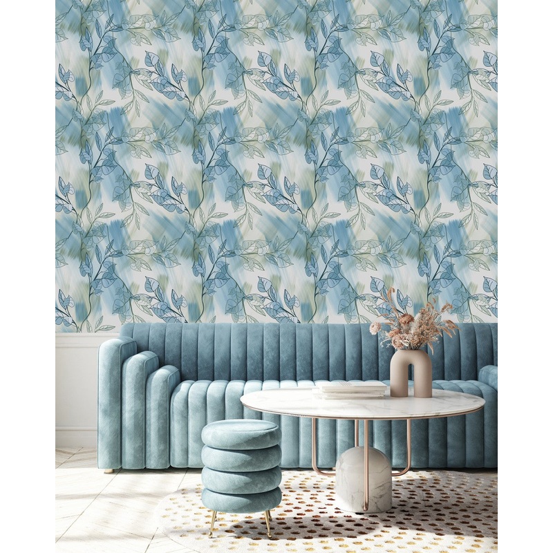 Contemporary Blue Leaves Wallpaper Tasteful