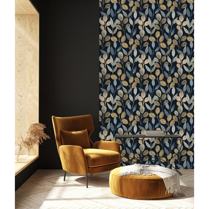Contemporary Dark Wallpaper with Gold Leaves Fashionable