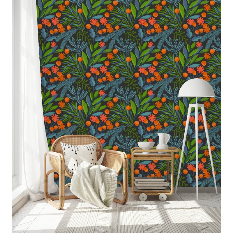 Green Leaves and Orange Flowers Wallpaper
