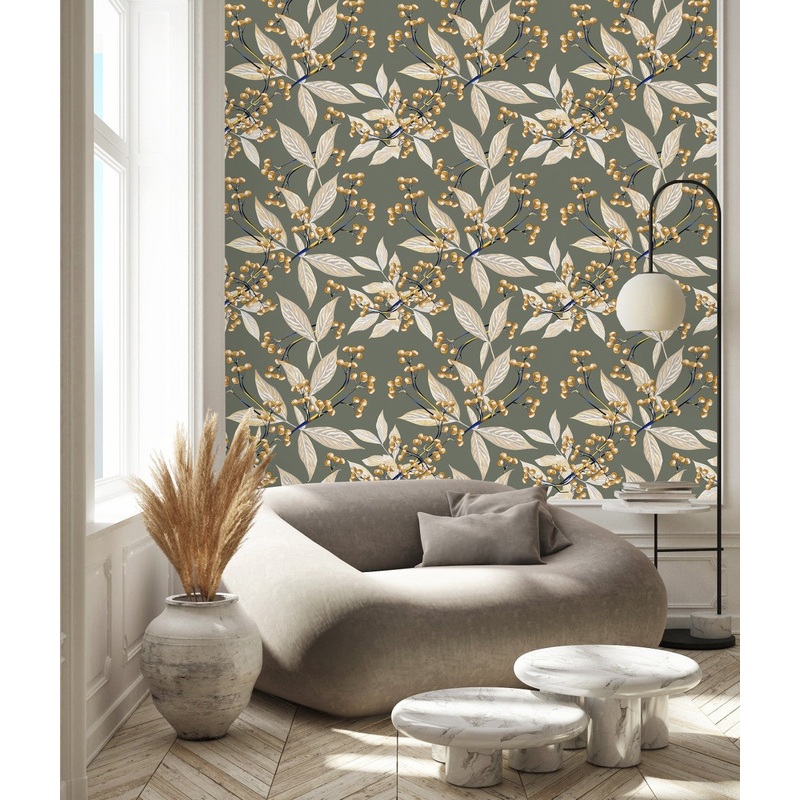 Grey Wallpaper with Leaves and Berries