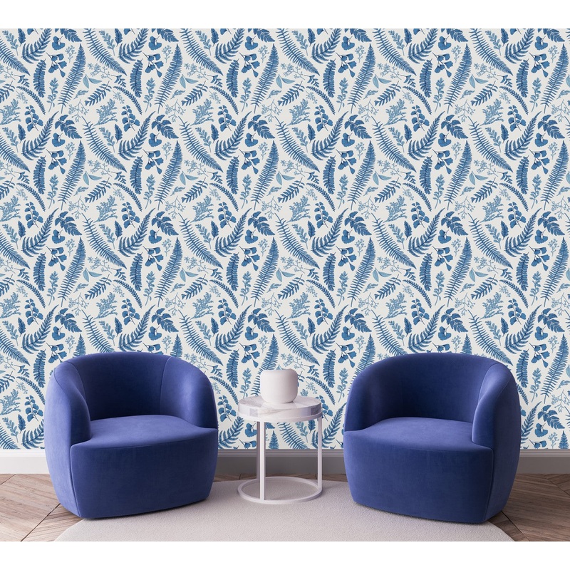Modish Blue Fern Leaves Wallpaper Chic