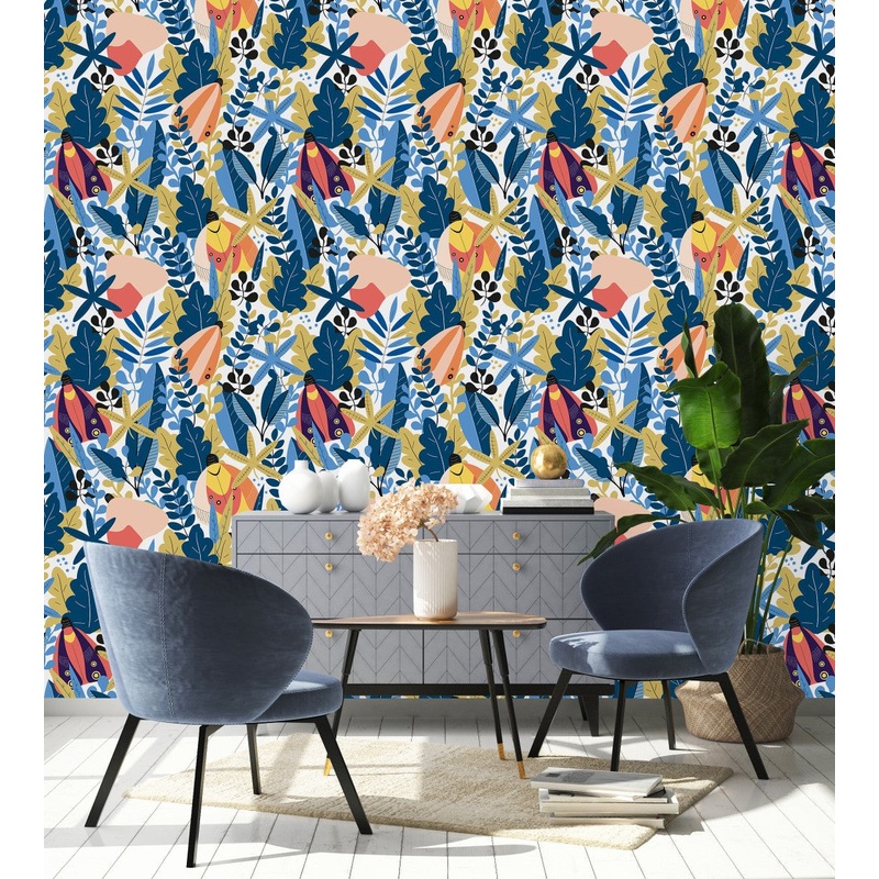 Moth and Blue Leaves Wallpaper