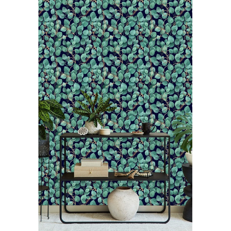 Voguish Dark Wallpaper with Green Leaves Smart