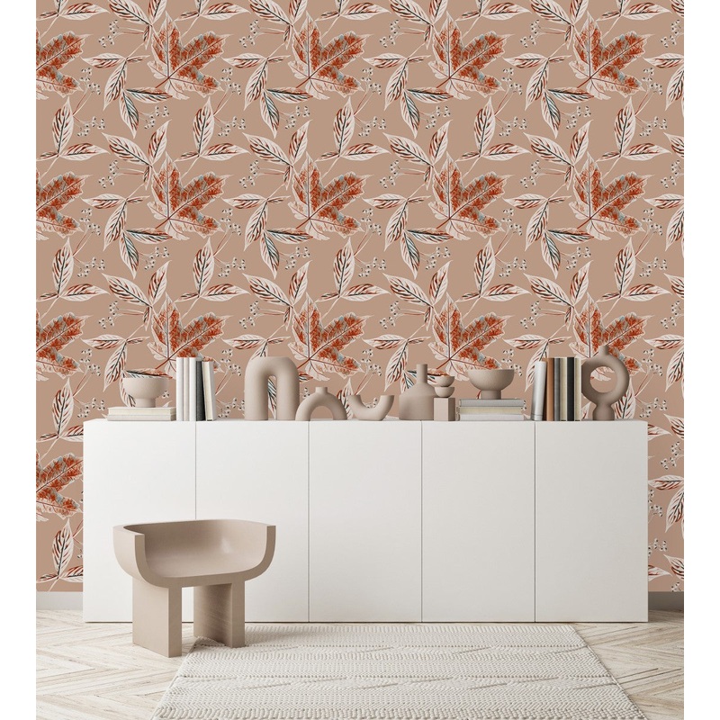 Beige Wallpaper with Leaves and Berries