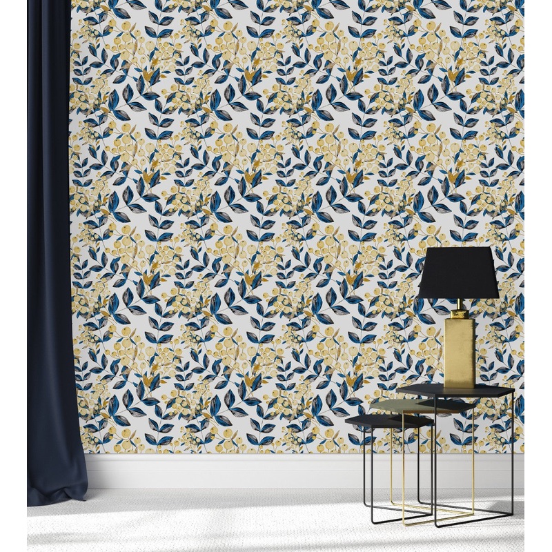 Blue Leaves and Gold Berries Wallpaper