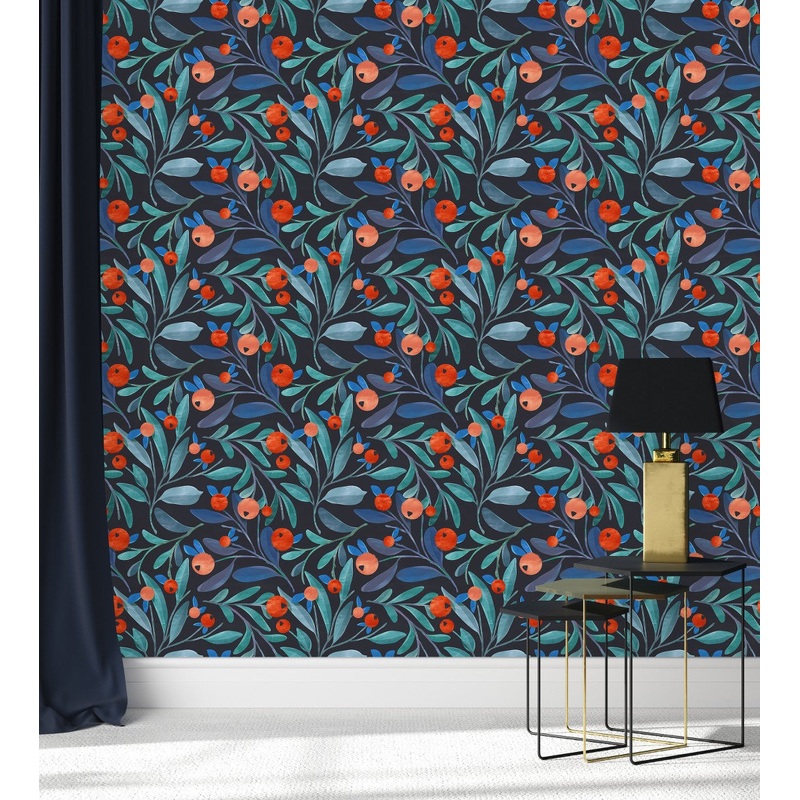 Blue Leaves with Berries Wallpaper