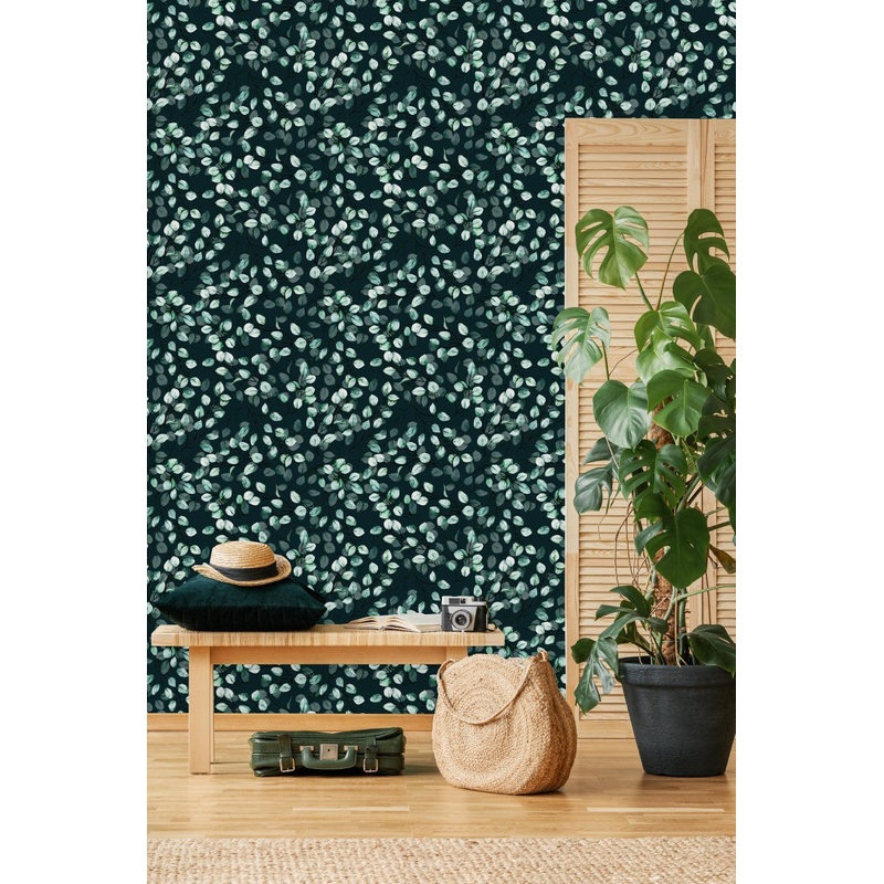 Contemporary Dark Wallpaper with Green Leaves Tasteful Quality