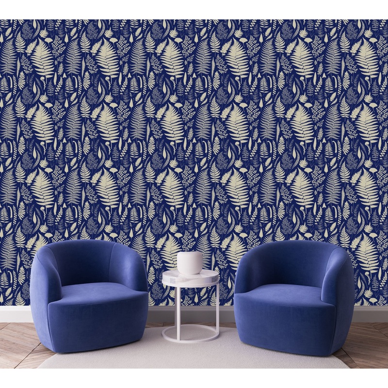 Dark Blue Wallpaper with Fern Leaves