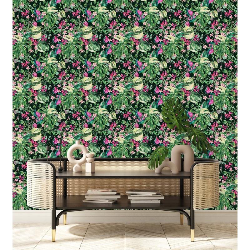 Elegant Green and Pink Leaves Wallpaper Vogue