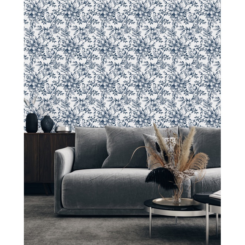 Fashionable Dark Blue Flowers Wallpaper Vogue High-Quality