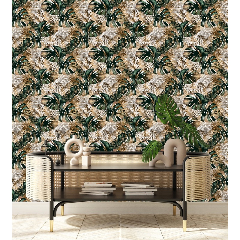 Gold and Green Monstera Leaves Wallpaper