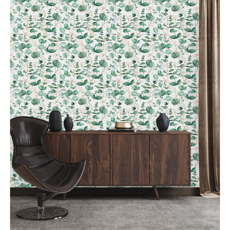 Green Leaves and Gold Contours Wallpaper
