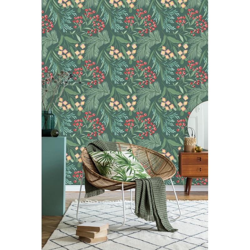 Green Wallpaper with Berries
