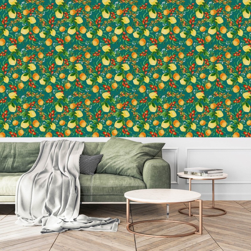 Lemons and Berries on Green Wallpaper