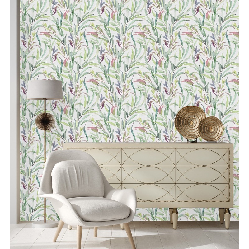 Modish Leaves on White Wallpaper Chic High-Quality