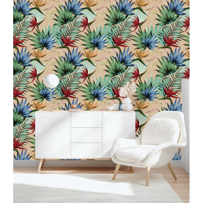 Tropical Leaves on Beige Background Wallpaper