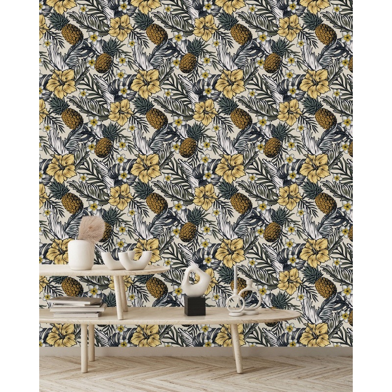 Voguish Pineapple and Flowers Wallpaper Tasteful