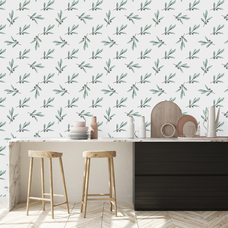 White Wallpaper with Berries and Leaves