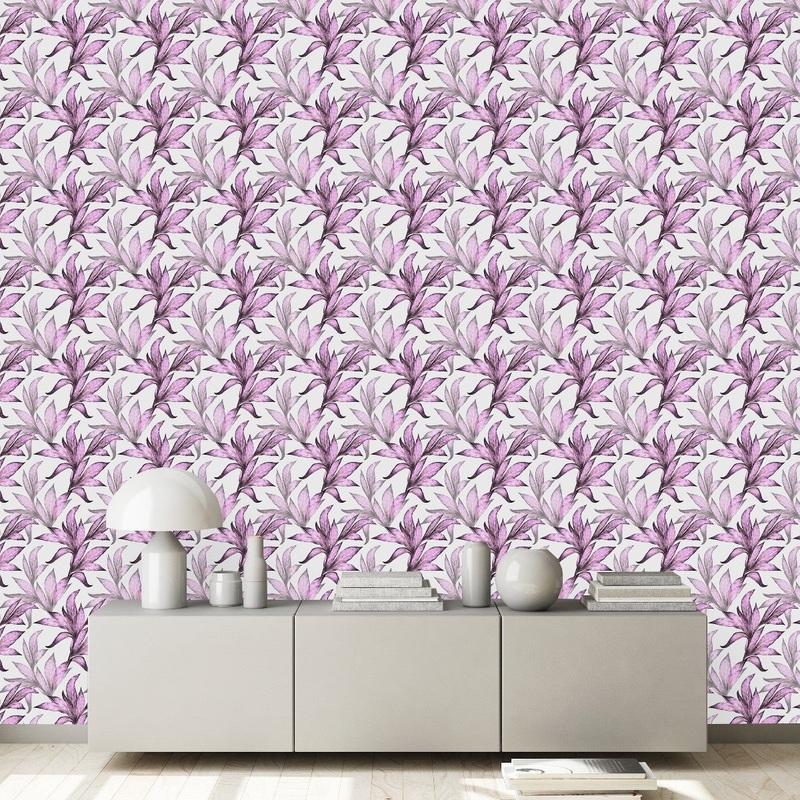 White Wallpaper with Pink Leaves