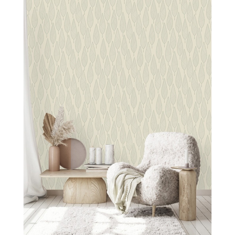 Beige Wallpaper with Leaves Pattern