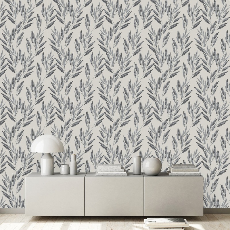 Contemporary Grey Leaves Wallpaper Fashionable High-Quality