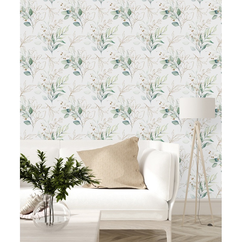 Green Leaves Wallpaper with Gold Contours