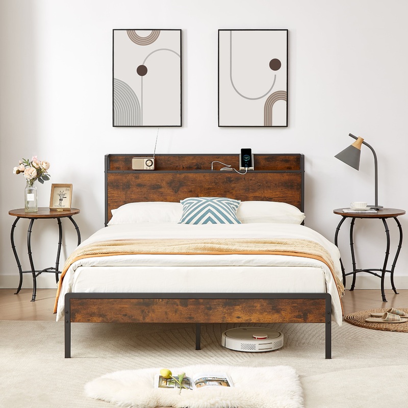 Bed frame with charging station full size, Rustic Brown, 83.1" L x 56.1" W x 39" H