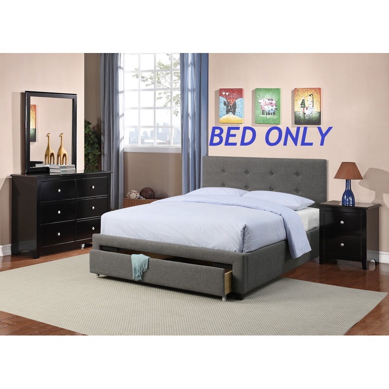 Bedroom Furniture Grey Polyfiber 1pc Queen Size Bed Tufted Headboard Storage Drawers Footboard